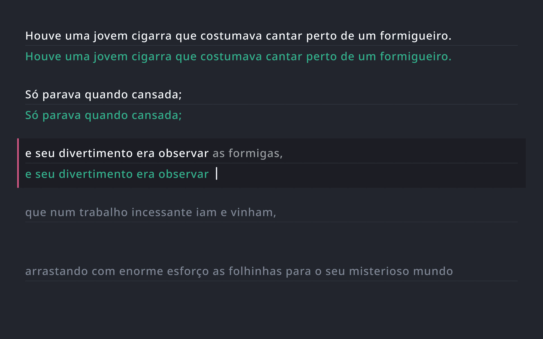 Screenshot com digitação por literatura